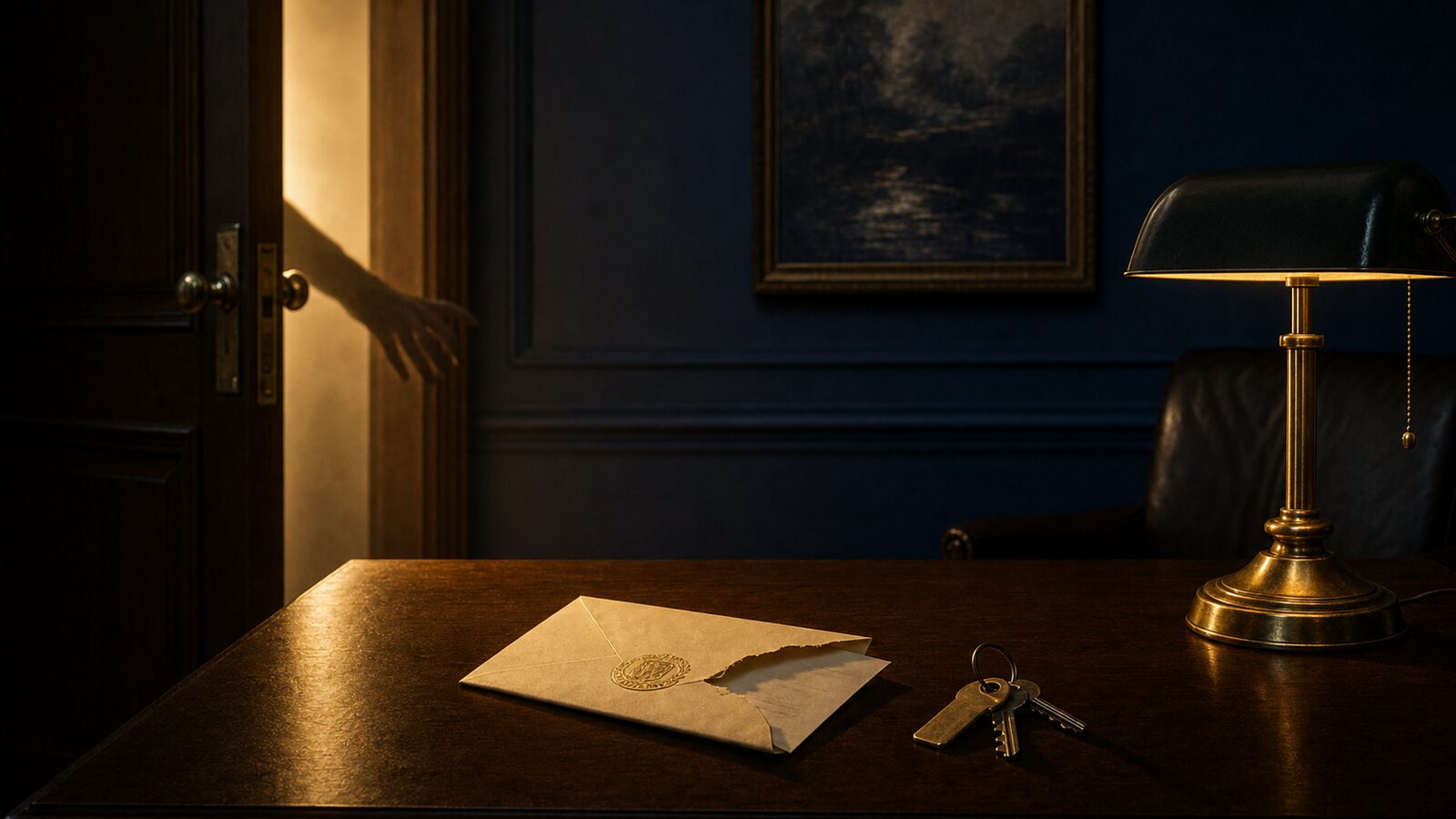 A moody navy paneled study lit only by a brass banker s lamp on a walnut desk. A cream business envelope with a gold-embossed official-looking seal sits torn open on the desk beside a set of brass house keys. In the doorway on the left, a shadowy outstretched hand reaches in from the warmly lit hallway beyond. A metaphor for a foreclosure rescue solicitation arriving at a homeowner s door.