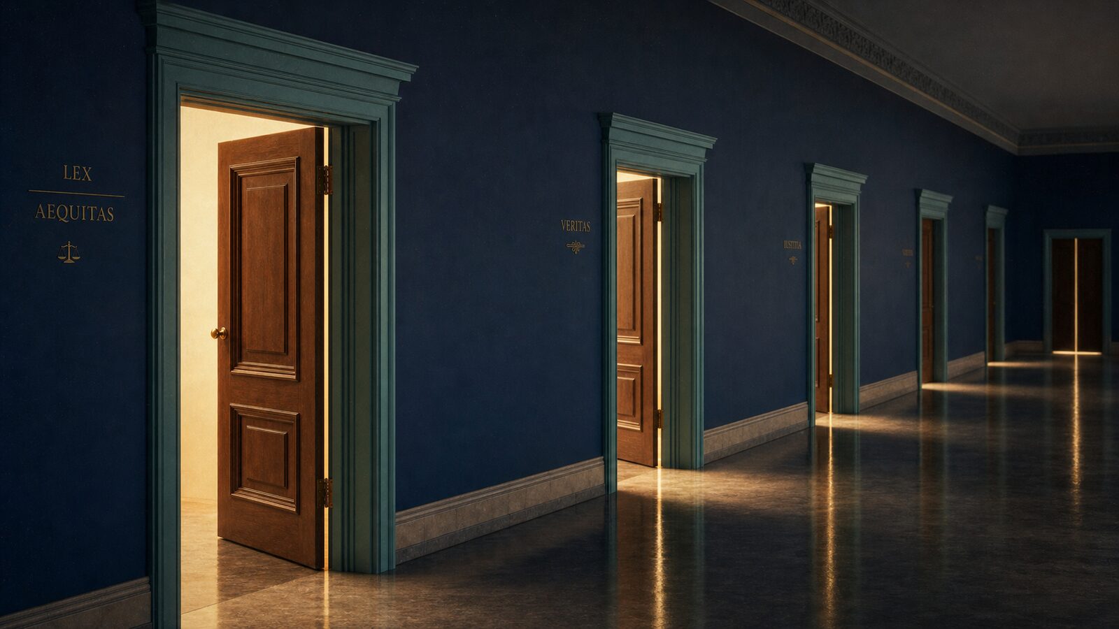 A row of doors receding down a deep navy corridor, each progressively more closed, symbolizing the successive intervention windows a homeowner has during the foreclosure timeline.