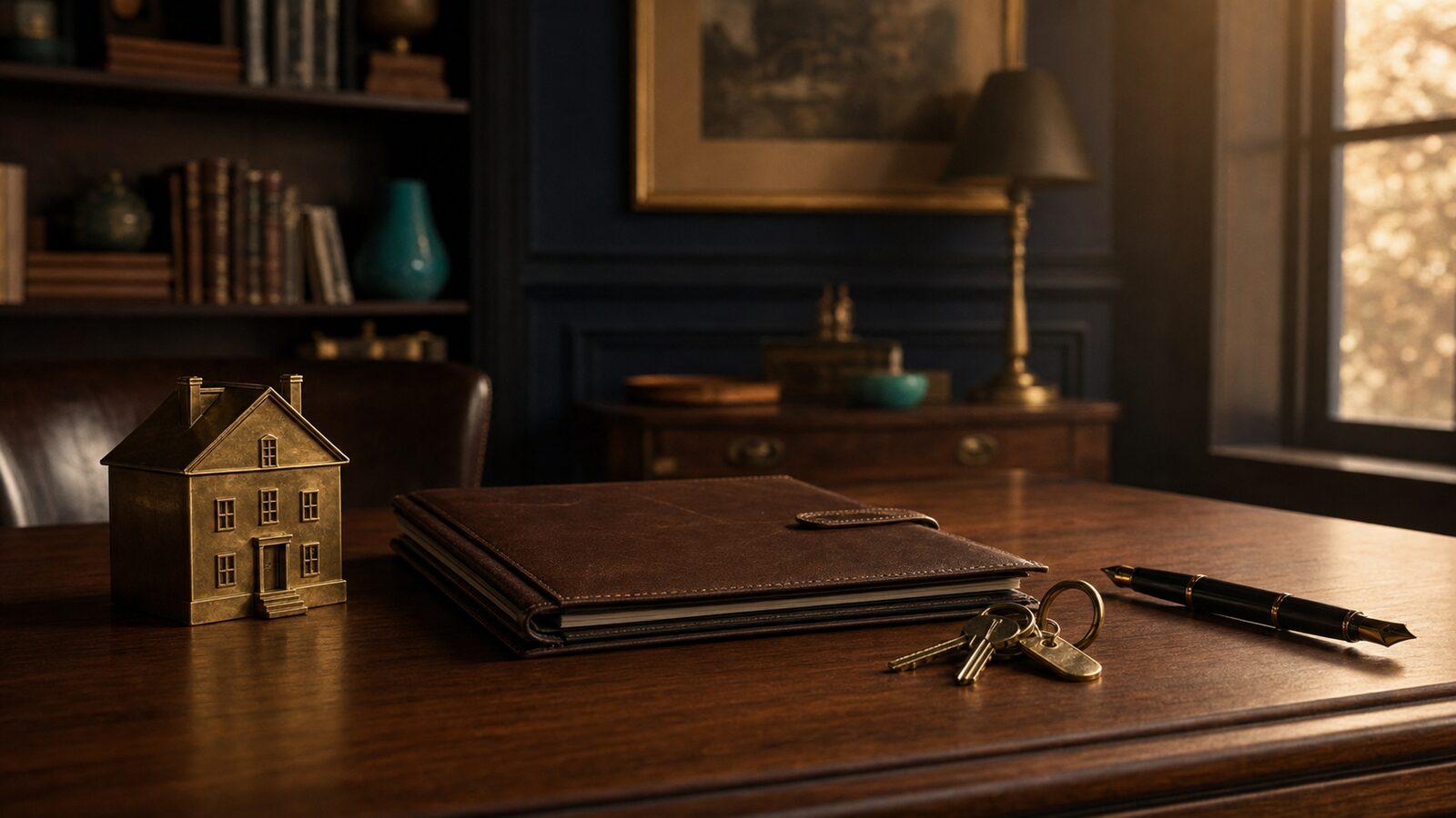 A brass model house on the left of a walnut desk, a leather-bound listing folio squared to the center, brass keys and a fountain pen to the right, deep navy paneled walls and a softly lit bookshelf behind. A metaphor for an agent who protects the client, not just the transaction.