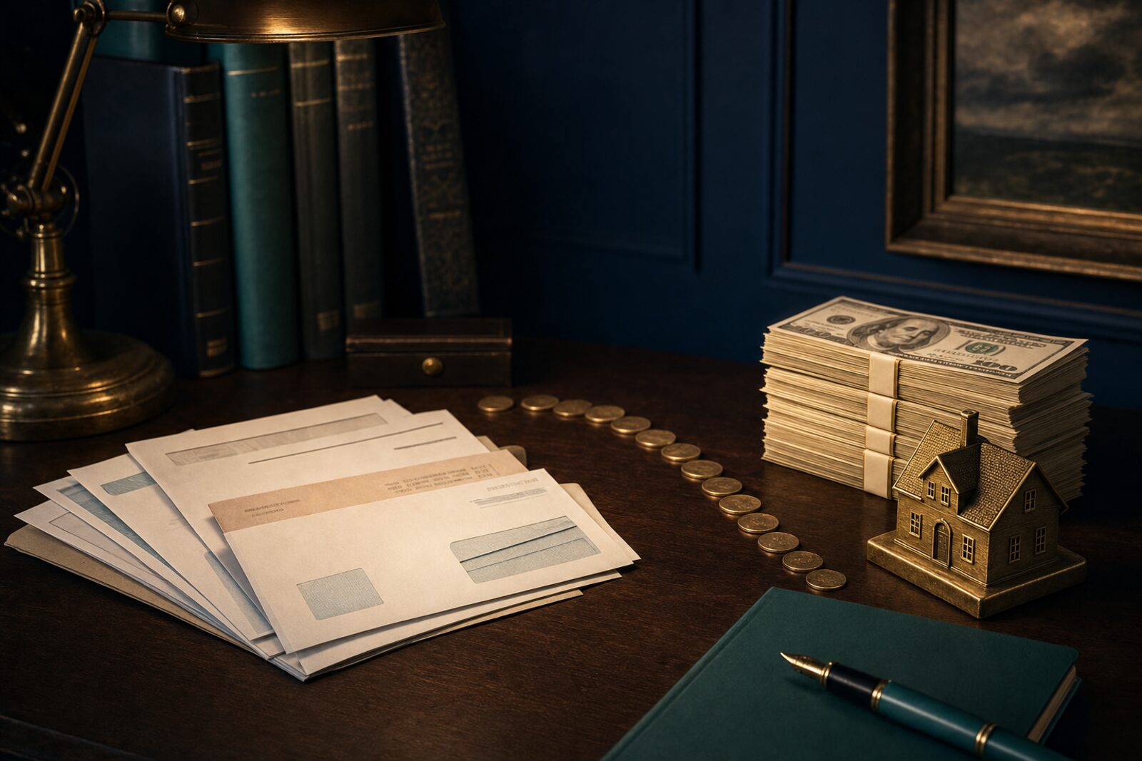 A fanned stack of household bills and window envelopes on a dark wooden desk connected by a curved trail of gold coins to a taller banded stack of US currency and a small brass model house, symbolizing recovered overcharges redirected into home equity.
