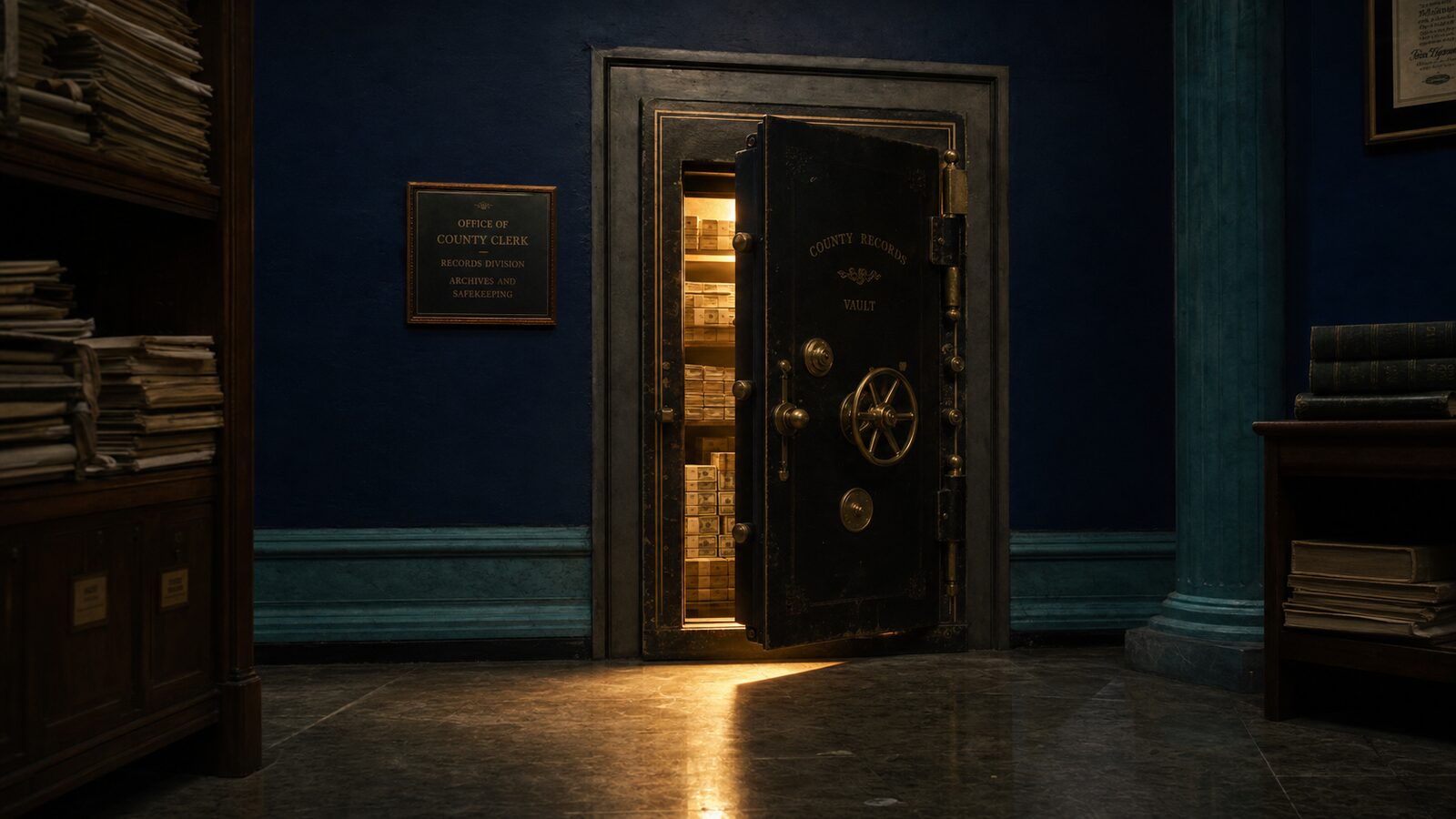 A county records vault door slightly ajar, warm gold light spilling out over stacks of cash inside, deep navy walls and teal wainscoting, evoking unclaimed surplus funds held by government offices.
