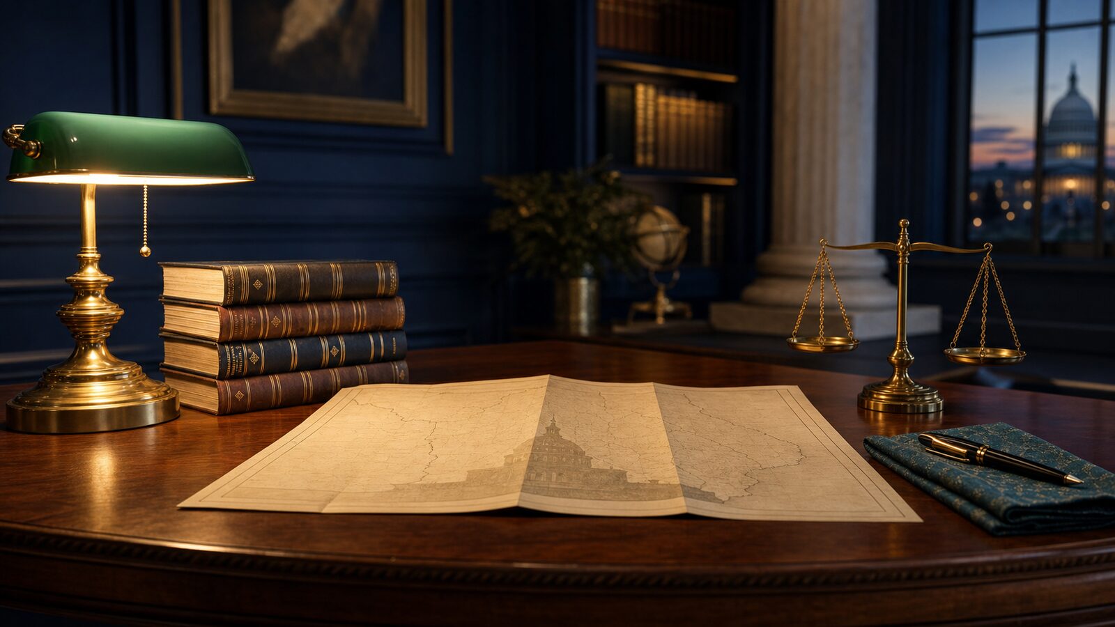 A dim navy-walled state capitol office at dusk. A polished walnut desk holds a folded state map with faint statehouse silhouettes, a stack of leather-bound statute books, a small bronze scales-of-justice piece, a brass banker’s lamp casting warm gold light, and a fountain pen resting on a folded pocket square. A distant capitol dome visible through the window. A metaphor for state-by-state tax-lien reform after Tyler.