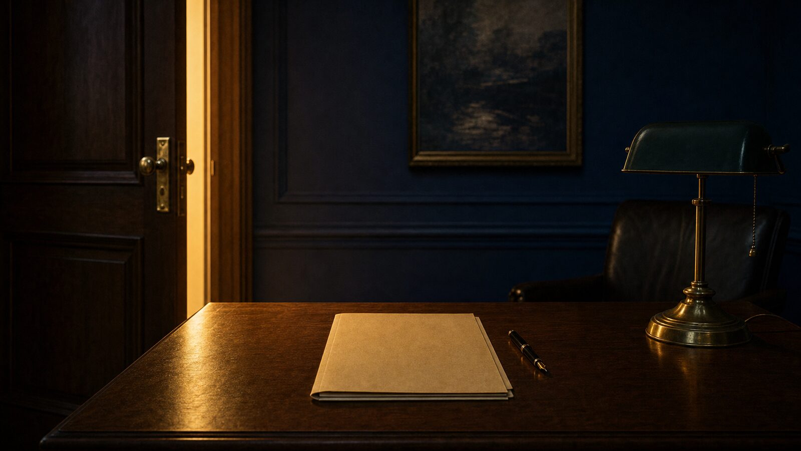 A brass-handled office door slightly ajar with warm gold light spilling through, a walnut desk holding a manila folder and fountain pen, and a brass banker's lamp against a deep navy wall. A metaphor for the decision to call an attorney.